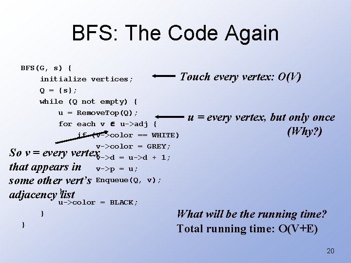 BFS: The Code Again BFS(G, s) { Touch every vertex: O(V) initialize vertices; Q