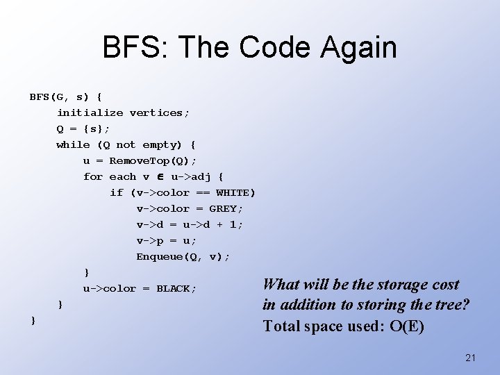 BFS: The Code Again BFS(G, s) { initialize vertices; Q = {s}; while (Q
