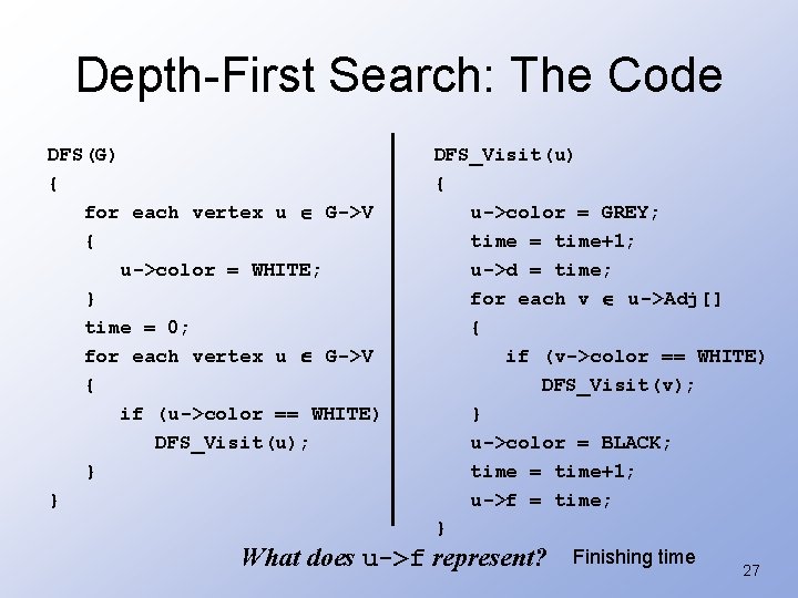 Depth-First Search: The Code DFS(G) { for each vertex u G->V { u->color =