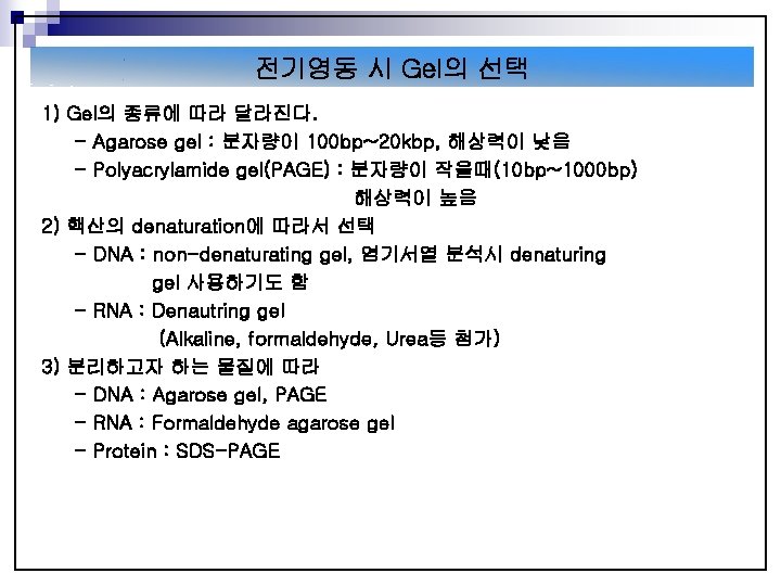 전기영동 시 Gel의 선택 1) Gel의 종류에 따라 달라진다. - Agarose gel : 분자량이