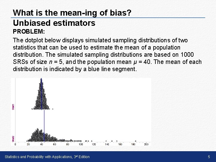 What is the mean-ing of bias? Unbiased estimators PROBLEM: The dotplot below displays simulated