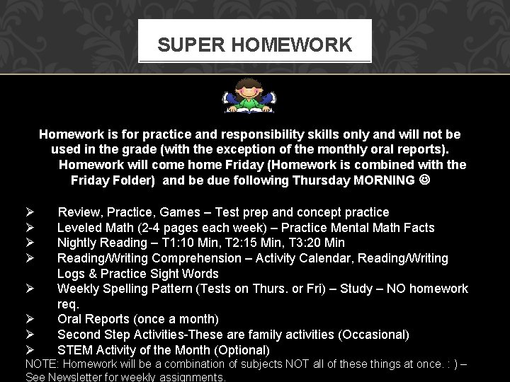 SUPER HOMEWORK Homework is for practice and responsibility skills only and will not be