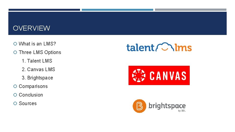 OVERVIEW What is an LMS? Three LMS Options 1. Talent LMS 2. Canvas LMS