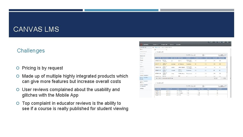 CANVAS LMS Challenges Pricing is by request Made up of multiple highly integrated products