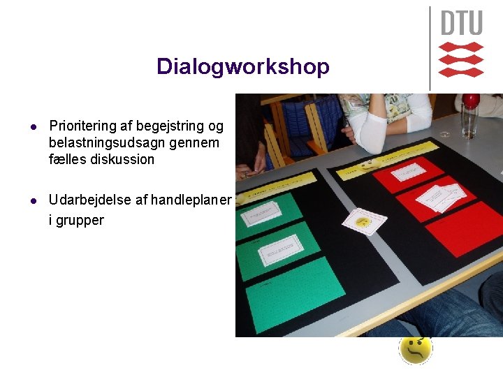 Dialogworkshop l Prioritering af begejstring og belastningsudsagn gennem fælles diskussion l Udarbejdelse af handleplaner