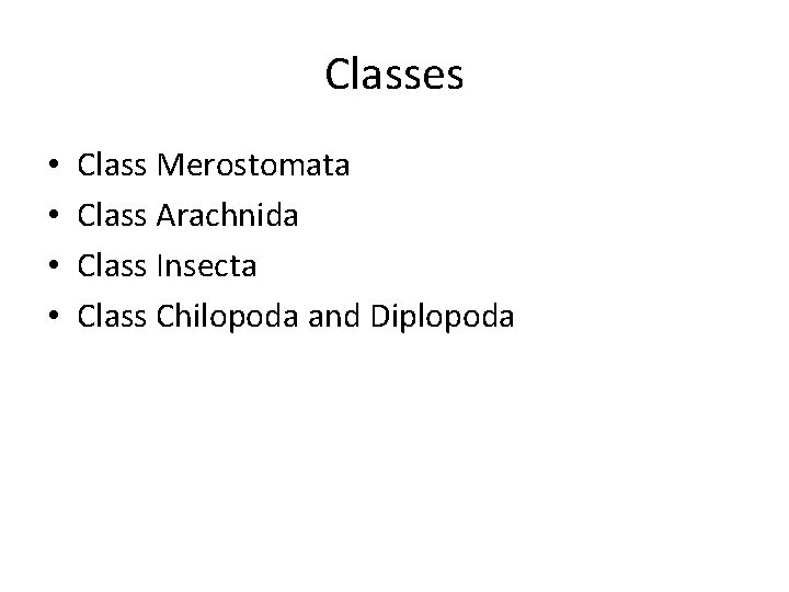 Classes • • Class Merostomata Class Arachnida Class Insecta Class Chilopoda and Diplopoda 
