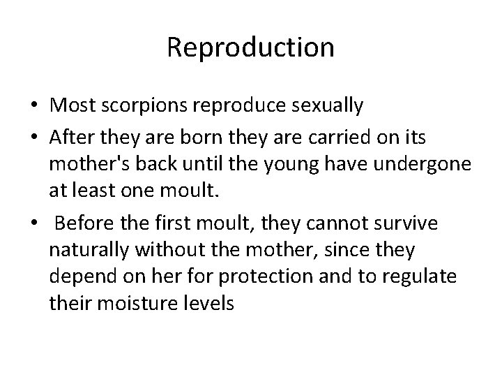 Reproduction • Most scorpions reproduce sexually • After they are born they are carried
