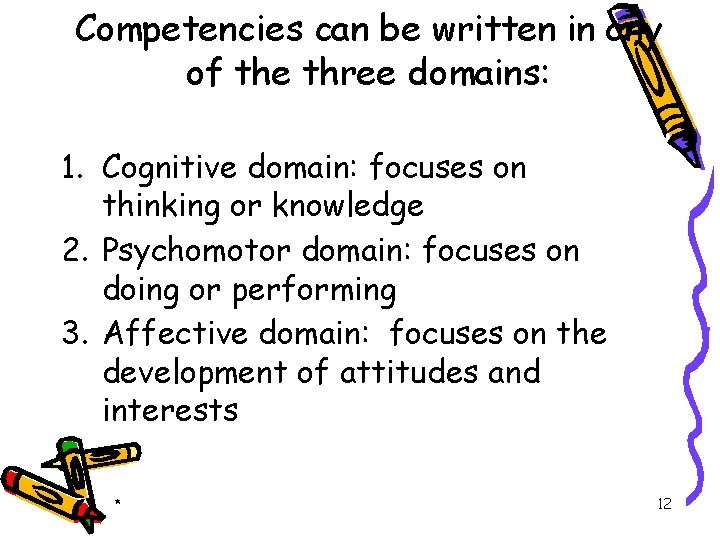 Competencies can be written in any of the three domains: 1. Cognitive domain: focuses