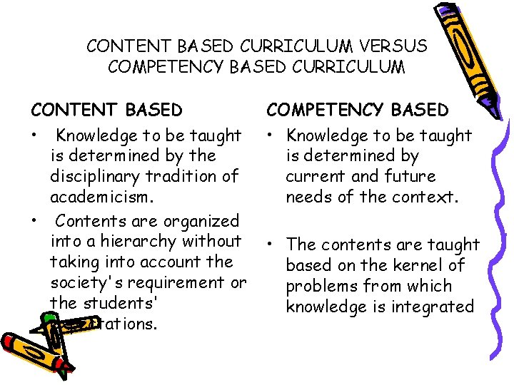 CONTENT BASED CURRICULUM VERSUS COMPETENCY BASED CURRICULUM CONTENT BASED • Knowledge to be taught