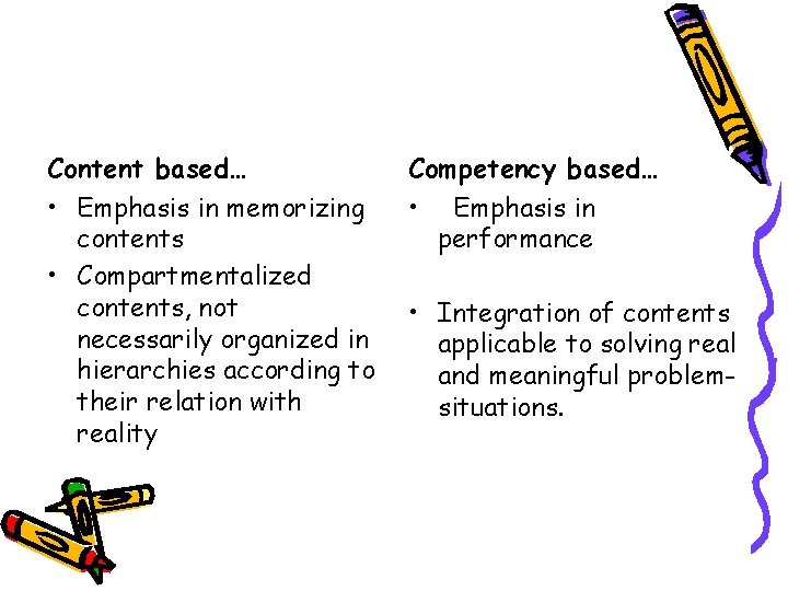 Content based… • Emphasis in memorizing contents • Compartmentalized contents, not necessarily organized in