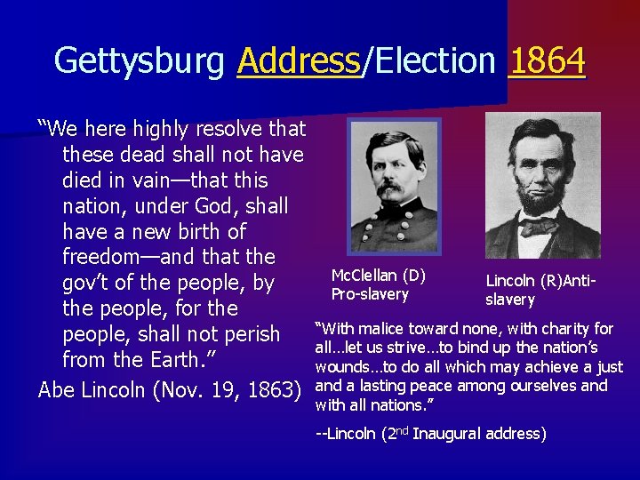 Gettysburg Address/Election 1864 “We here highly resolve that these dead shall not have died