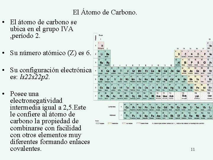 El Átomo de Carbono. • El átomo de carbono se ubica en el grupo