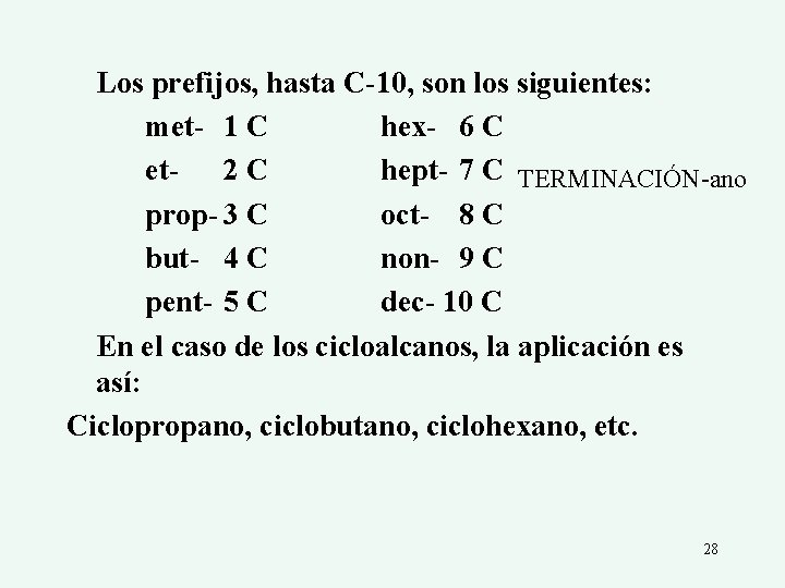 Los prefijos, hasta C-10, son los siguientes: met- 1 C hex- 6 C et-