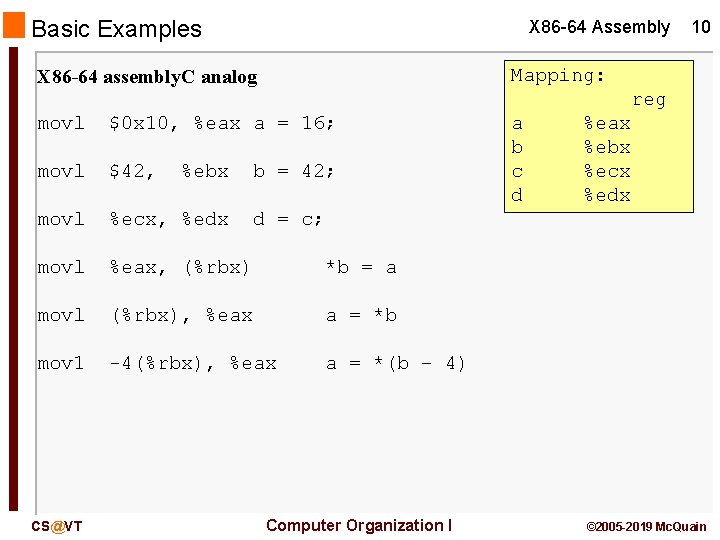 Basic Examples X 86 -64 Assembly 10 Mapping: X 86 -64 assembly. C analog