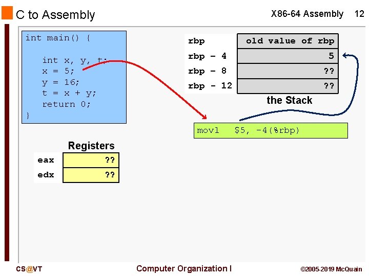 C to Assembly X 86 -64 Assembly int main() { rbp int x, y,