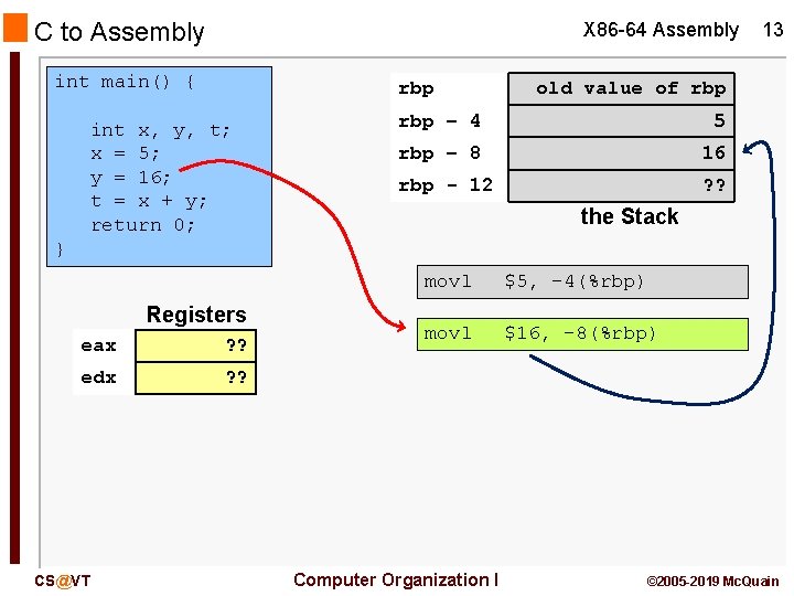C to Assembly X 86 -64 Assembly int main() { rbp int x, y,