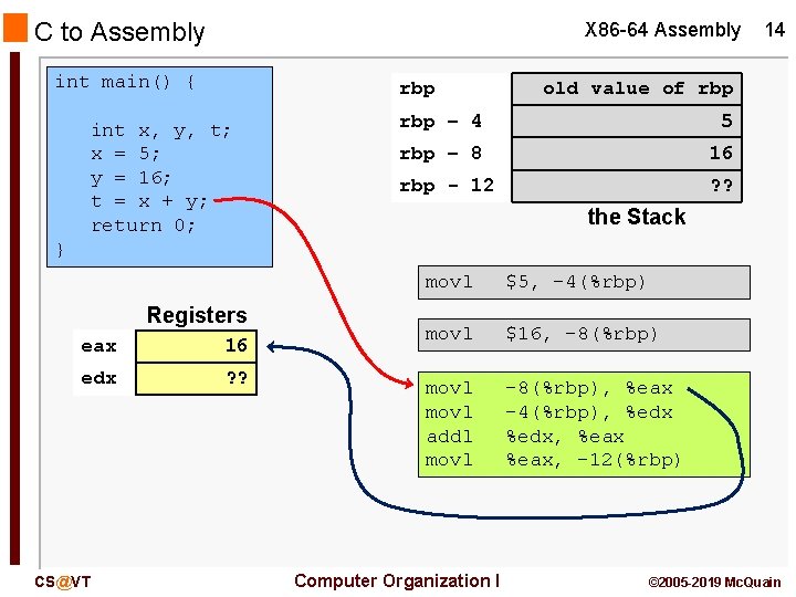 C to Assembly X 86 -64 Assembly int main() { rbp int x, y,