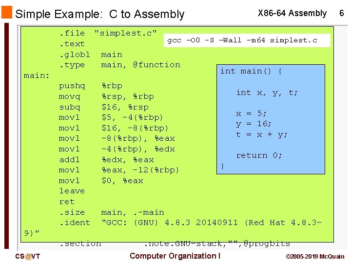 Simple Example: C to Assembly main: X 86 -64 Assembly 6 . file "simplest.