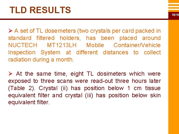 TLD RESULTS Ø A set of TL dosemeters (two crystals per card packed in