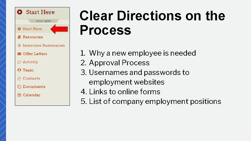 Clear Directions on the Process 1. Why a new employee is needed 2. Approval