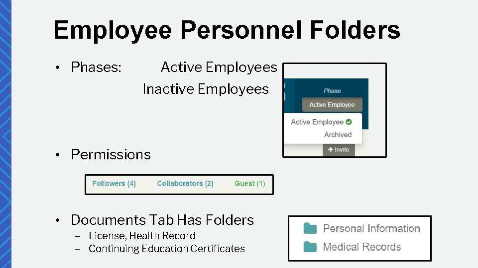 Employee Personnel Folders • Phases: Active Employees Inactive Employees • Permissions • Documents Tab