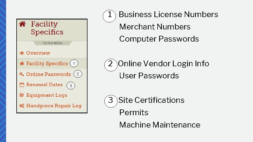 1 Business License Numbers Merchant Numbers Computer Passwords 2 Online Vendor Login Info 1