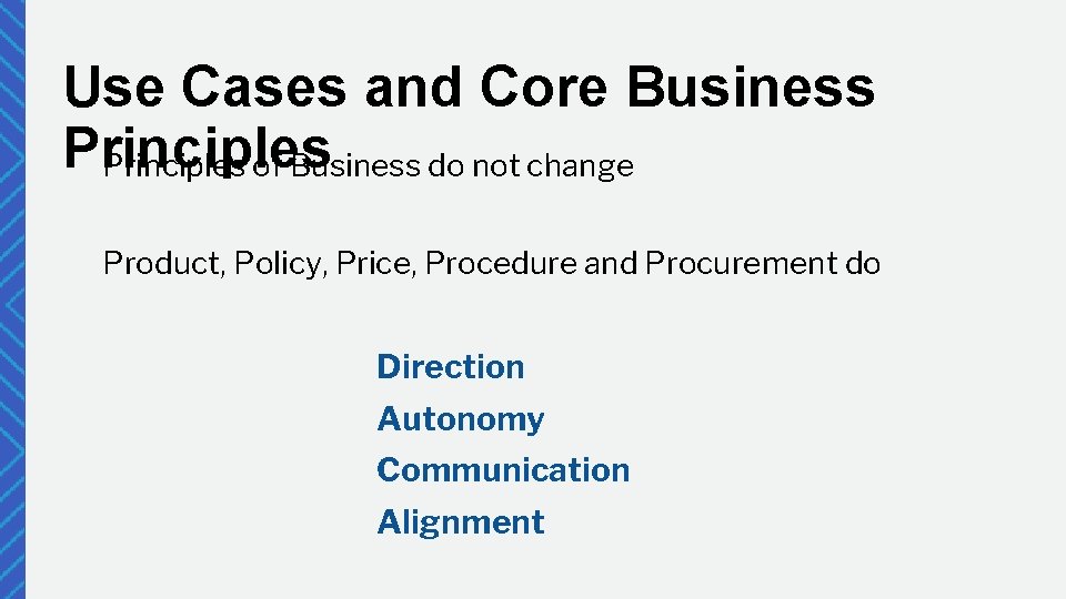 Use Cases and Core Business Principles of Business do not change Product, Policy, Price,