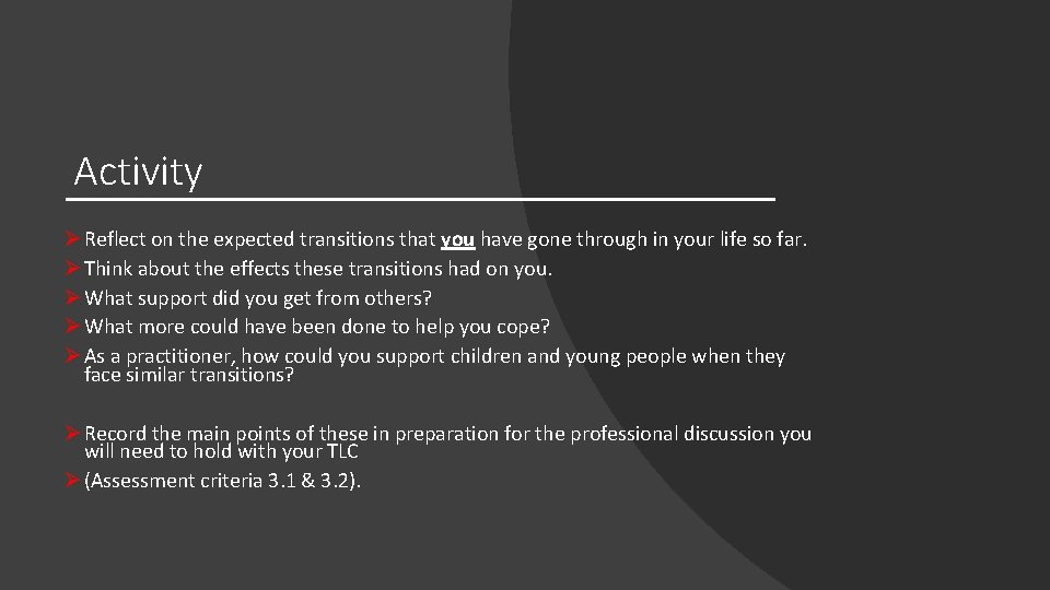 Activity Ø Reflect on the expected transitions that you have gone through in your