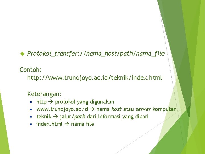 Format umum URL: Protokol_transfer: //nama_host/path/nama_file Contoh: http: //www. trunojoyo. ac. id/teknik/index. html Keterangan: http