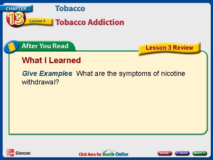 Lesson 3 Review What I Learned Give Examples What are the symptoms of nicotine