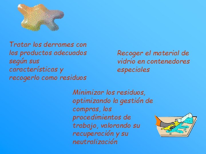 Tratar los derrames con los productos adecuados según sus características y recogerlo como residuos
