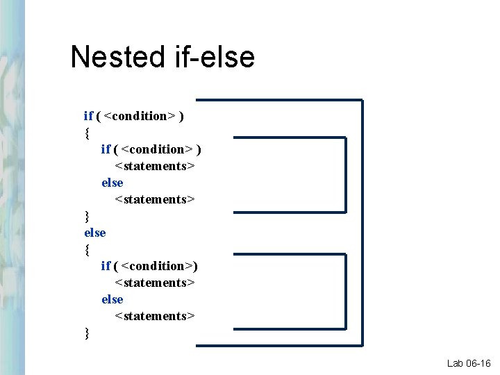 Nested if-else if ( <condition> ) { if ( <condition> ) <statements> else <statements>