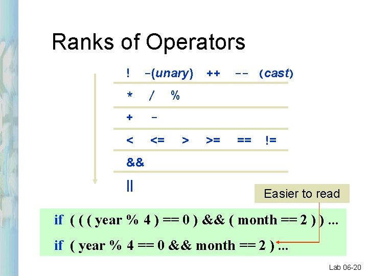 Ranks of Operators ! -(unary) * / + - < <= ++ -- (cast)