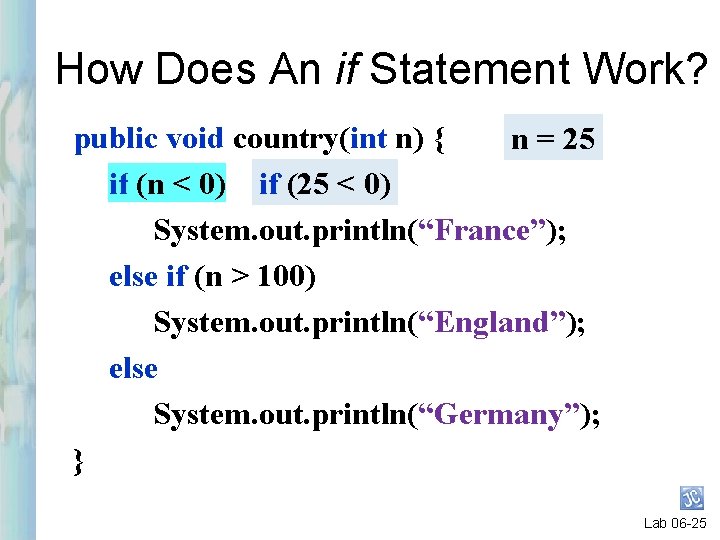 How Does An if Statement Work? public void country(int n) { n = 25