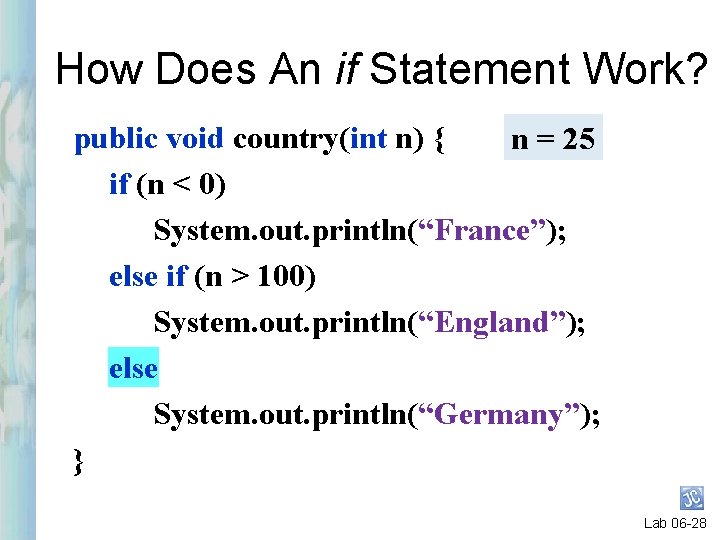 How Does An if Statement Work? public void country(int n) { n = 25