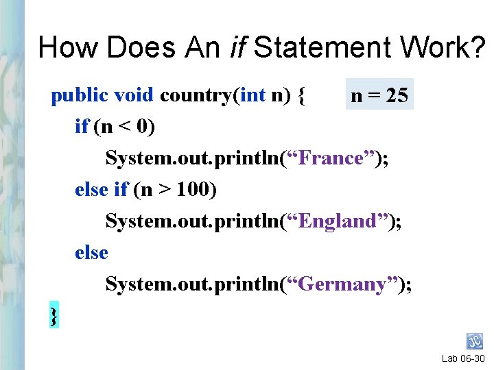 How Does An if Statement Work? public void country(int n) { n = 25