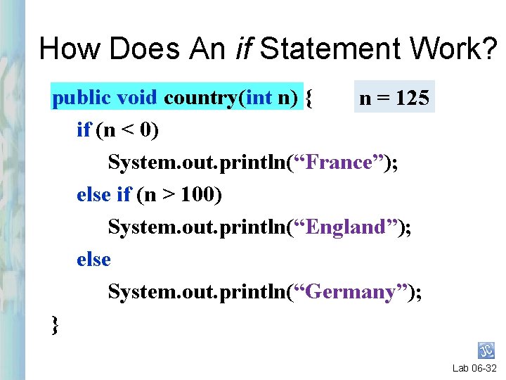 How Does An if Statement Work? public void country(int n) { n = 125