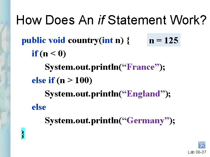 How Does An if Statement Work? public void country(int n) { n = 125