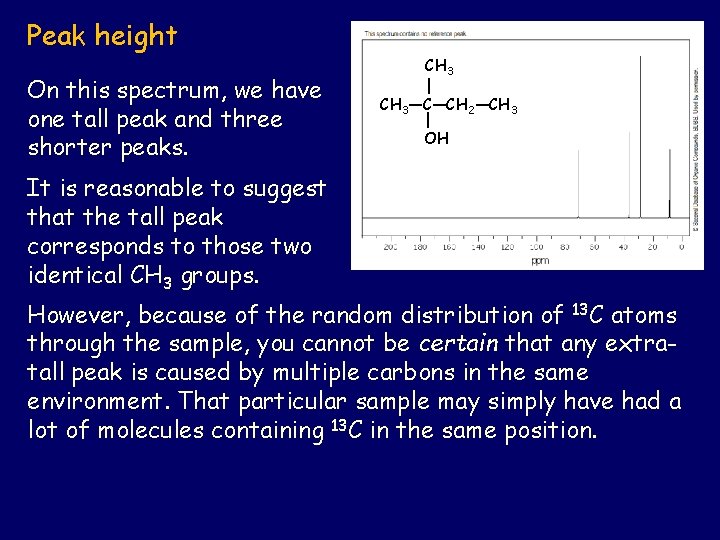 Peak height On this spectrum, we have one tall peak and three shorter peaks.
