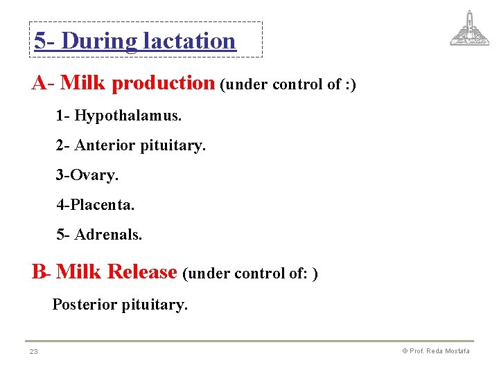 5 - During lactation A- Milk production (under control of : ) 1 -