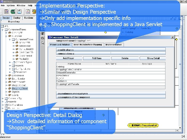 Implementation Perspective: Similar with Design Perspective Only add implementation specific info e. g. ,