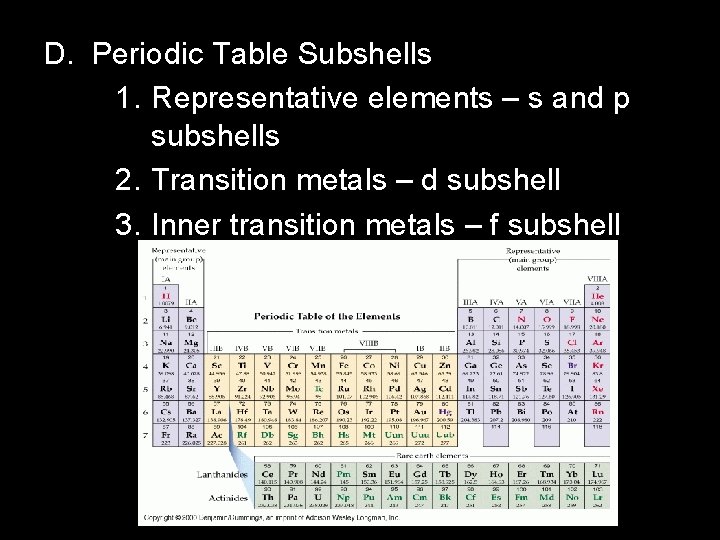 D. Periodic Table Subshells 1. Representative elements – s and p subshells 2. Transition