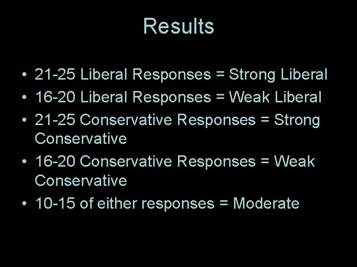 Results • 21 -25 Liberal Responses = Strong Liberal • 16 -20 Liberal Responses