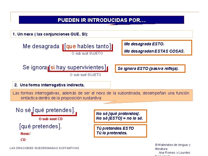 PUEDEN IR INTRODUCIDAS POR… 1. Un nexo ( las conjunciones QUE, SI): Me desagrada PUEDEN IR INTRODUCIDAS POR… 1. Un nexo ( las conjunciones QUE, SI): Me desagrada