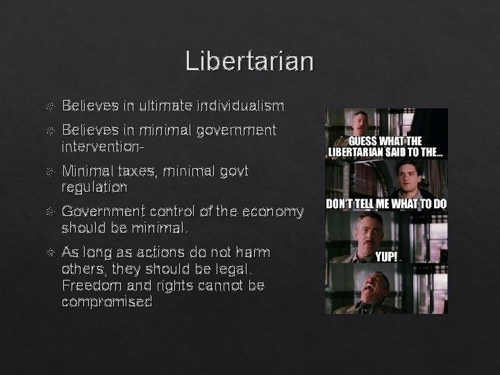 Libertarian Believes in ultimate individualism Believes in minimal government intervention- Minimal taxes, minimal govt