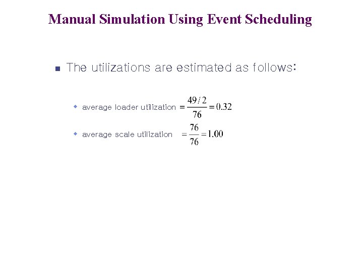 Manual Simulation Using Event Scheduling n The utilizations are estimated as follows: w average