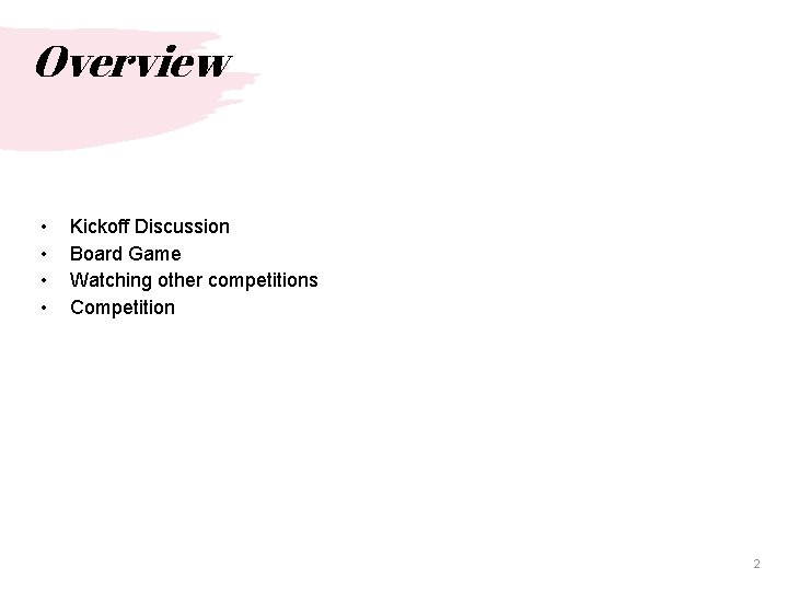 Overview • • Kickoff Discussion Board Game Watching other competitions Competition 2 