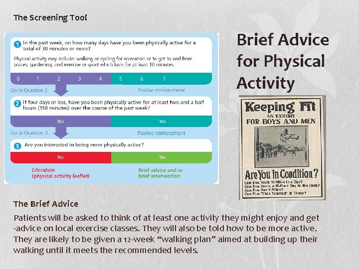 The Screening Tool Brief Advice for Physical Activity The Brief Advice Patients will be