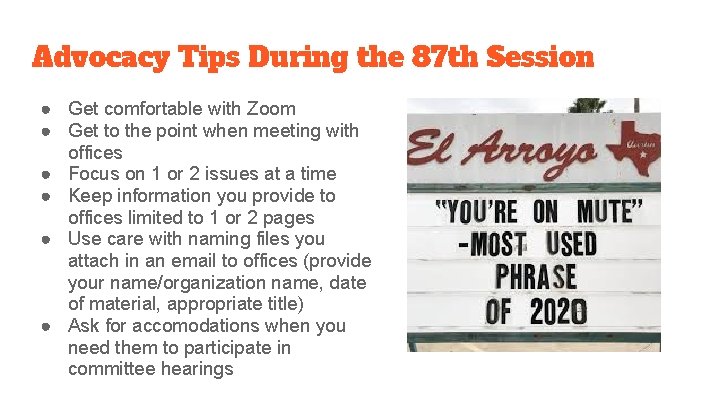 Advocacy Tips During the 87 th Session ● Get comfortable with Zoom ● Get