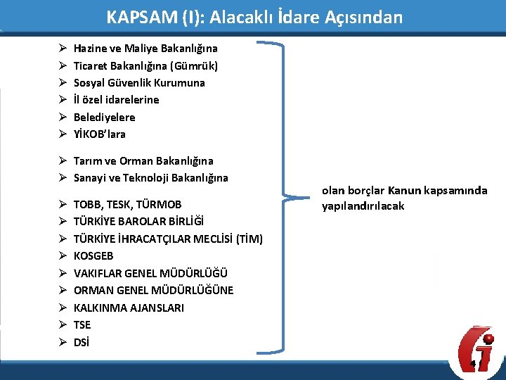 KAPSAM (I): Alacaklı İdare Açısından Ø Ø Ø Hazine ve Maliye Bakanlığına Ticaret Bakanlığına